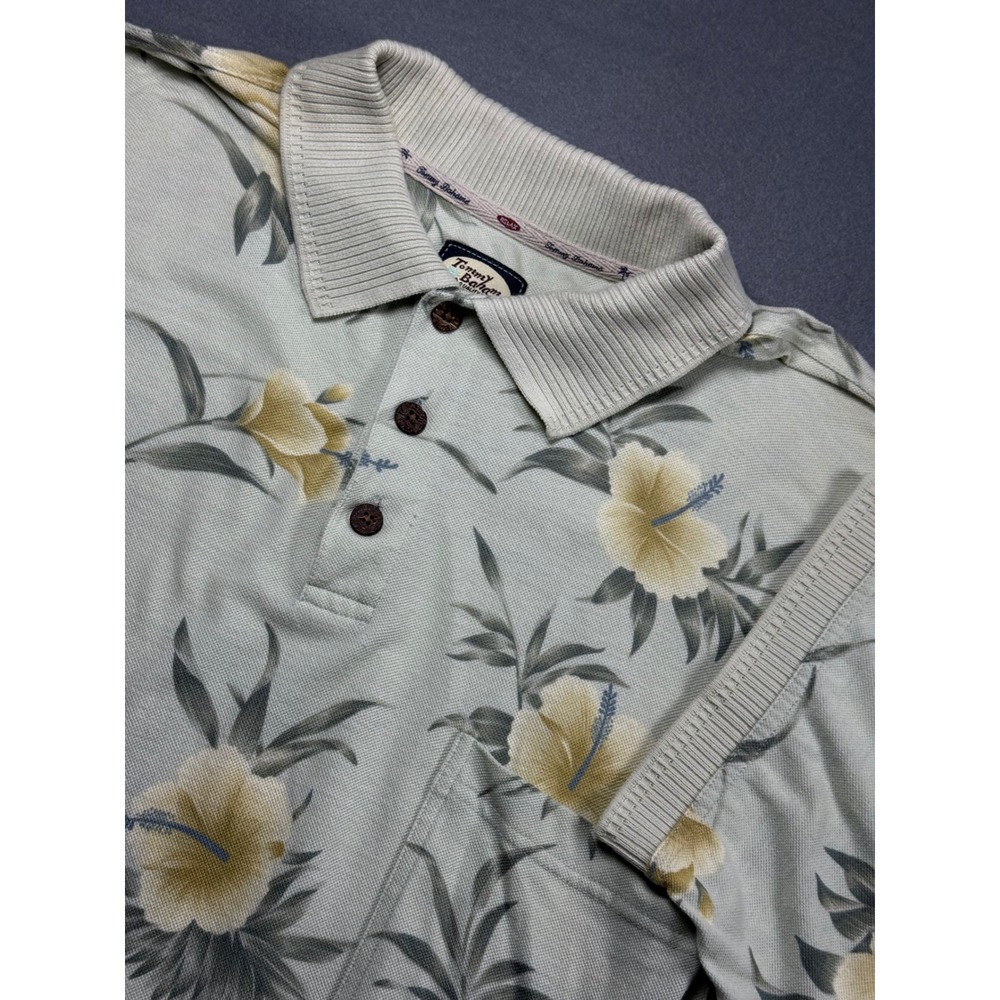Tommy Bahama Mens Polo Shirt Large Sage Green Floral Hibiscus‎ 100% Cotton Relax